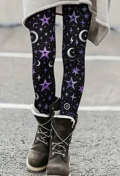 Women's Winter Snowflake Leggings Navy Blue White Print Stretchy Slim Fit Pants Christmas Holiday Skinny Bodycon Trousers