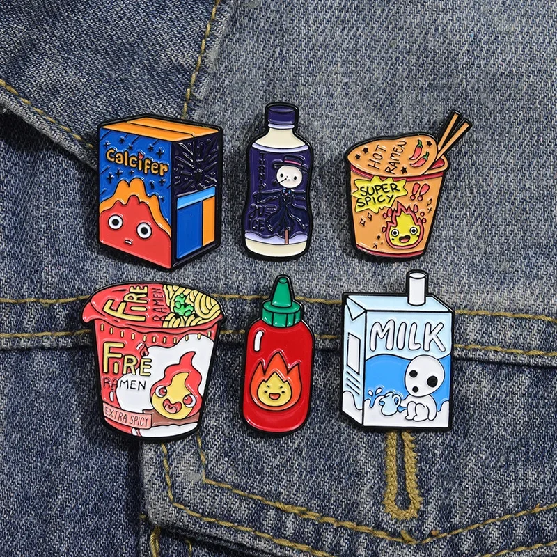 Cartoon Food Series Brooch Drink Chili Sauce Turkey Noodle Milk Shape Metal Letters Badge Clothes Bag Accessories
