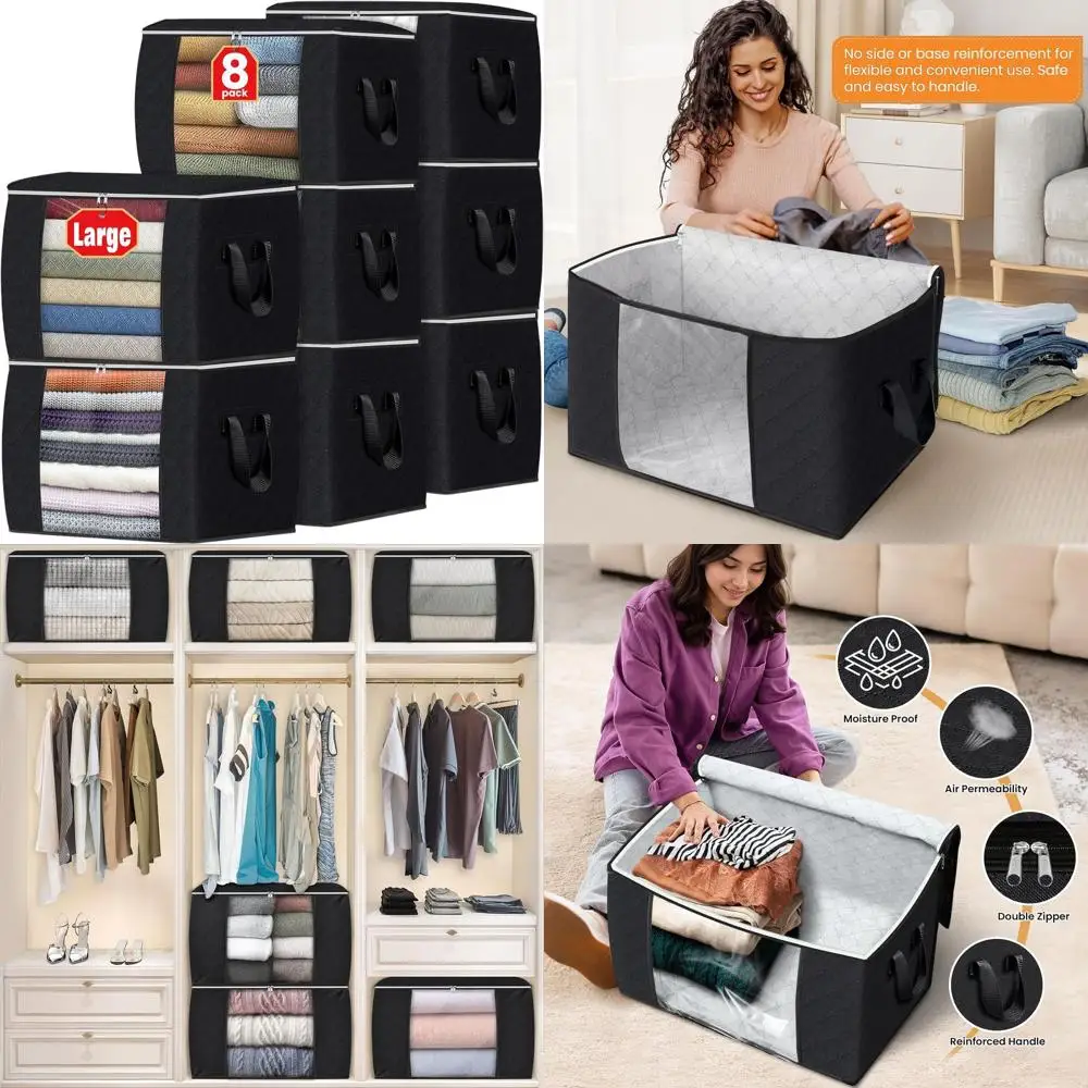 

8-Pack Black Thick Fabric Storage Bags with Handles for Organizing Clothes, Blankets, and Bedroom Essentials