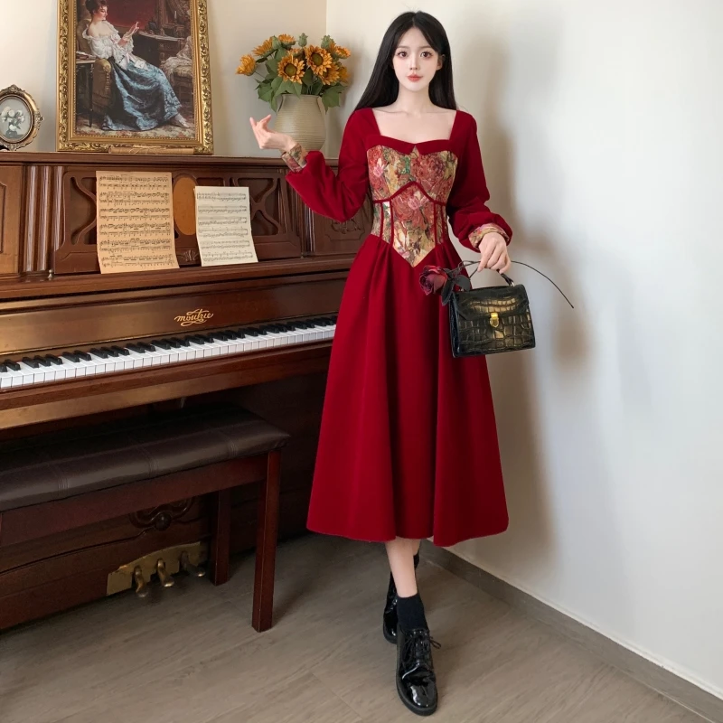 

Women New Elegant Chic Christmas Party Red Long Dress Long Sleeve Sweet Peter Pan Collar Festival Midi Dresses Robe Clothing