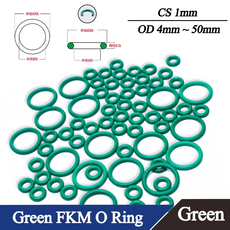 

Green CS 1mm OD 4mm ~ 50mm Heat resistant Oil Resistant Acid Alkali FKM O Ring Gaskets waterproof Fluorine Rubber Sealing Washer