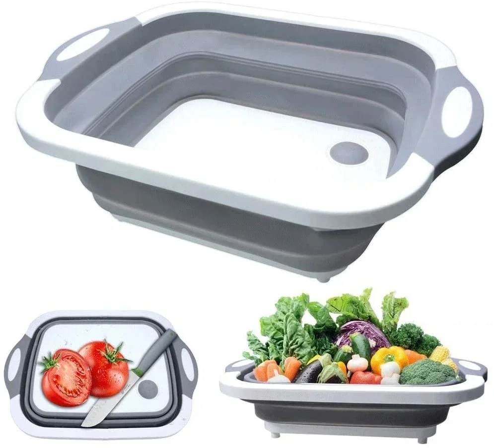 Multifunctional 3 in 1 Folding Wash Basin Cutting Board Fruit and Vegetable Drain Basket Camping Basin Kitchen Accessories