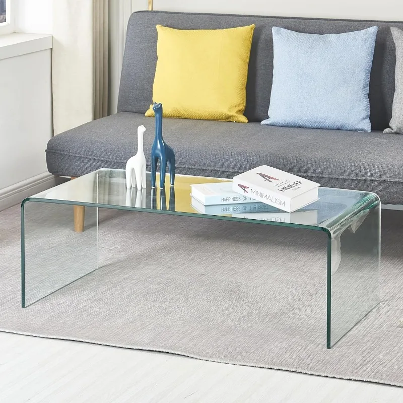 Glass Coffee Table, Modern Tempered Glass Clear Coffee Tables for Living Room, Small Rectangle Glass Couch Coffee Tables