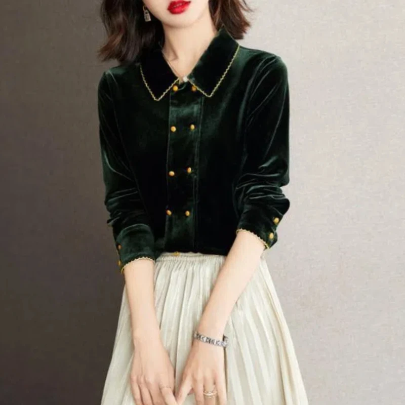 

French Style Fashion Elegant Sping Velvet Shirts Women Solid Polo-Neck Single Breasted Temperament Chic Loose Long Sleeve Tops