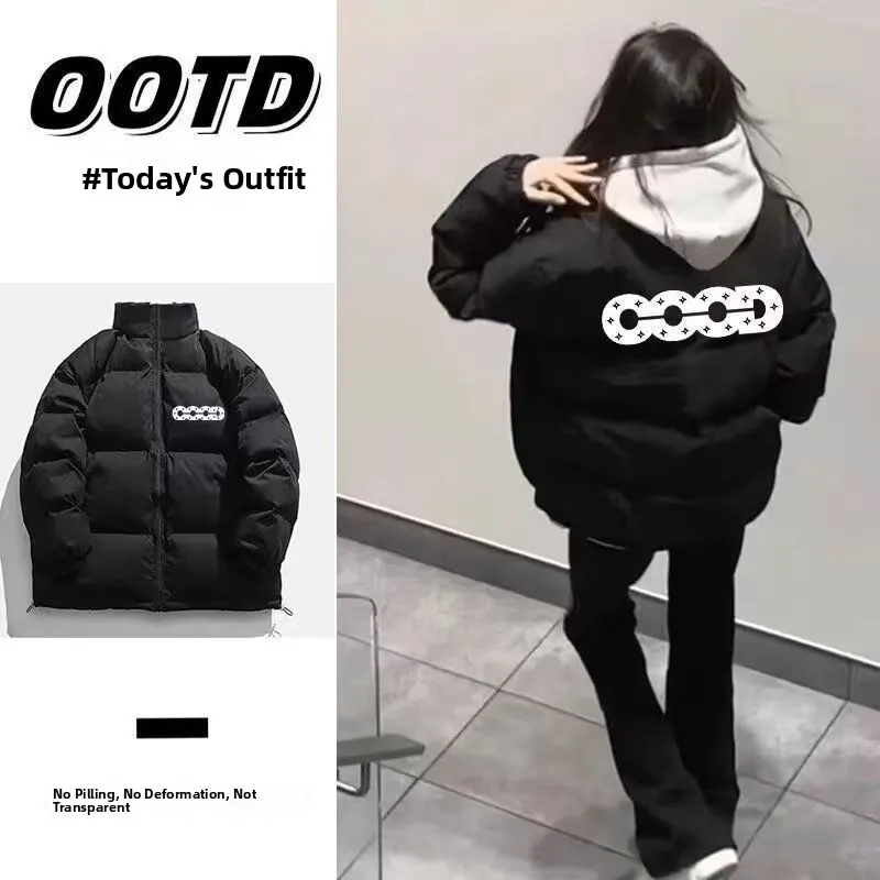 Trendy Letter GOOD Rhinestone Printed Stand Collar down Jaet Men's Loose Couples Outerwear Winter Lazy Sle Long Sve Zi...