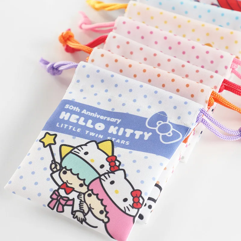 Sanrio Hello Kitty 50Th Anniversary Drawstring Storage Bag Blind Box Anime Cinnamoroll Kuromi Coin Wallet Wash Makeup Cloth Bag