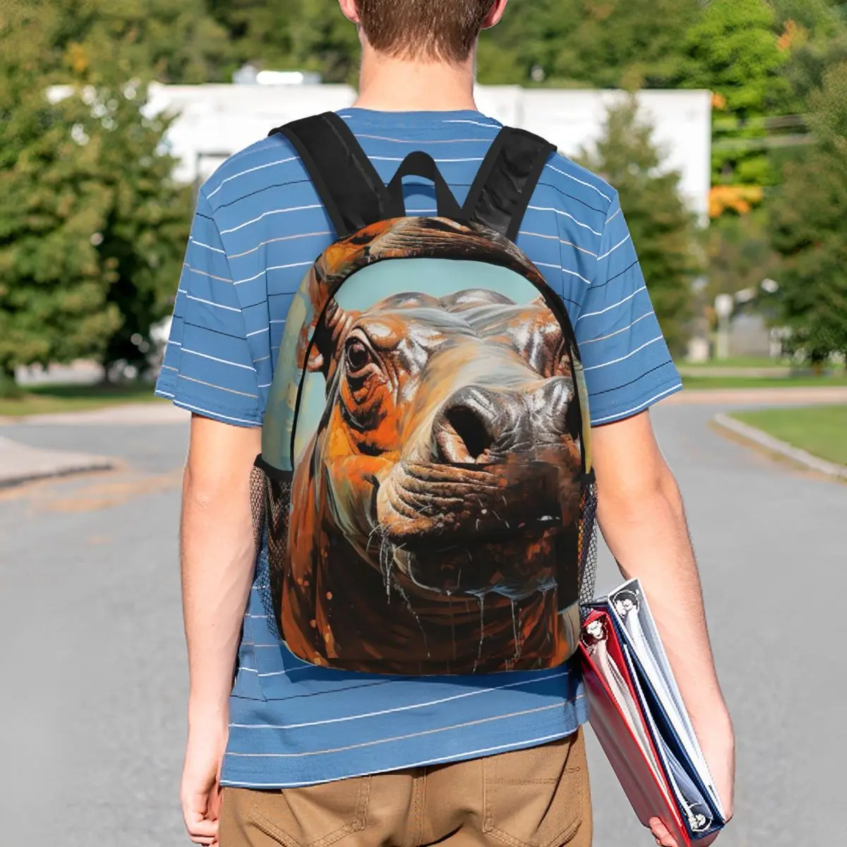 Heavy Hippo Face Realistic Backpack Student BookBag Kids School Bag Laptop Shoulder Bags for Boys Girls