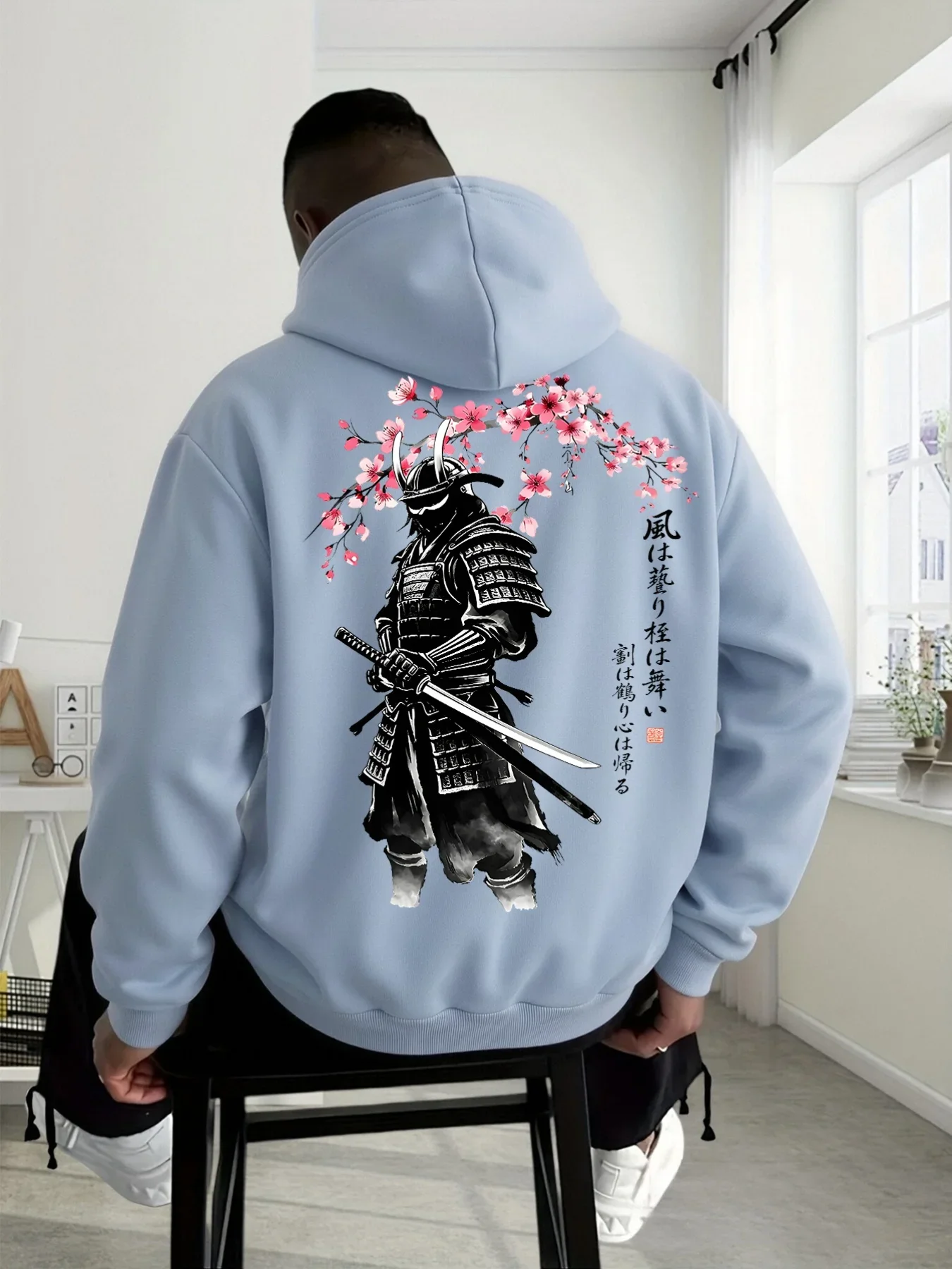 Men's Samurai Hoodie Katana Sakura Print Japanese Calligraphy Oversized Pullover Sweatshirt Streetwear Autumn Winter Casual Top