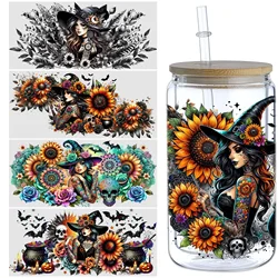 5 Sheets Halloween Witch UV DTF Glass Cup Wrap Transfer Stickers, Waterproof Wipe Off Transfer Stickers for 16oz Glass, Cups