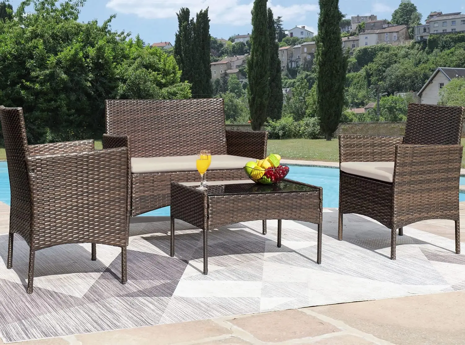 Brown beige 4-piece rattan wicker outdoor conversation set with loveseat, single chairs, soft cushions and glass table, multi-seat furniture for garden, backyard and poolside