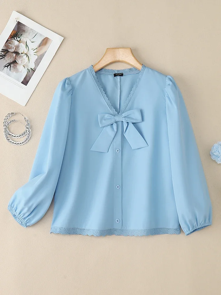 VONDA 2025 秋 韓国風トップス レディース リボン Vネック エレガントブラウス おしゃれシャツ パフスリーブ ボタン 無地 チュニック ホリデーブラウス