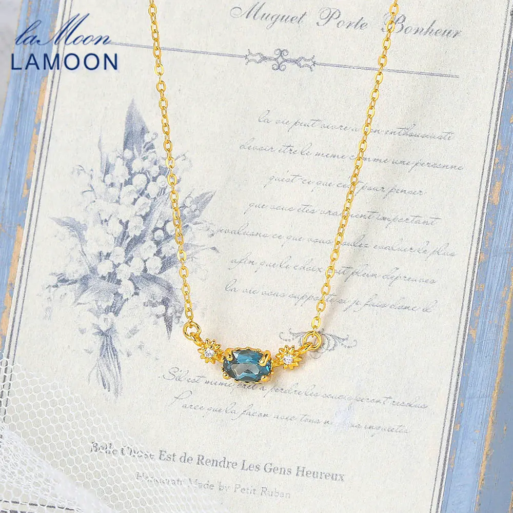 LAMOON Vingtate 925 Silver Necklace For Women Natural London Blue Topaz Small Pendant 14K Gold Plated Fine Jewelry LMNI111