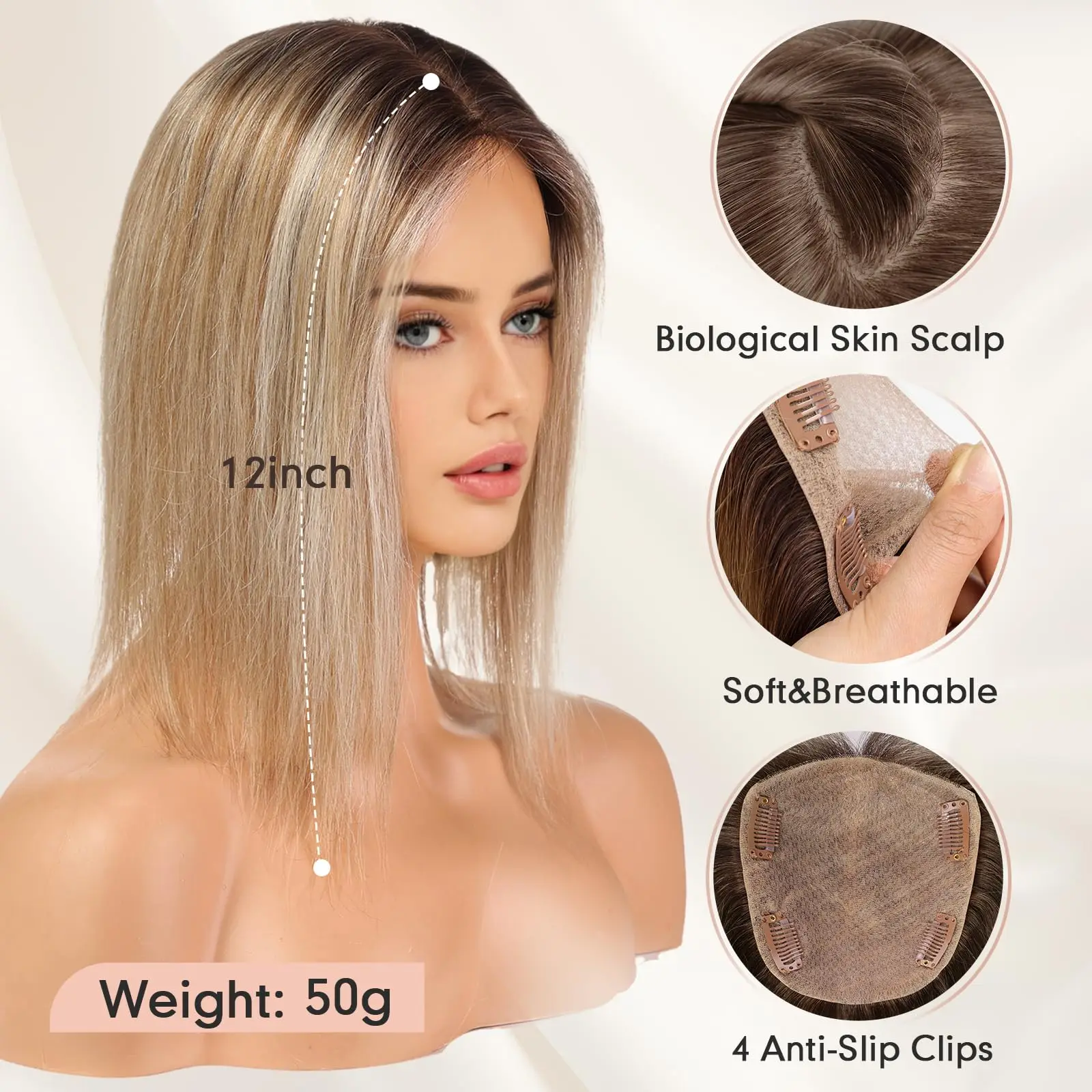 12inch Brown Blonde Highlight Human Hair Toppers 5x5.5inch Silk Base 4Clips100% Real Hair Toppers in Extension Natural for Women