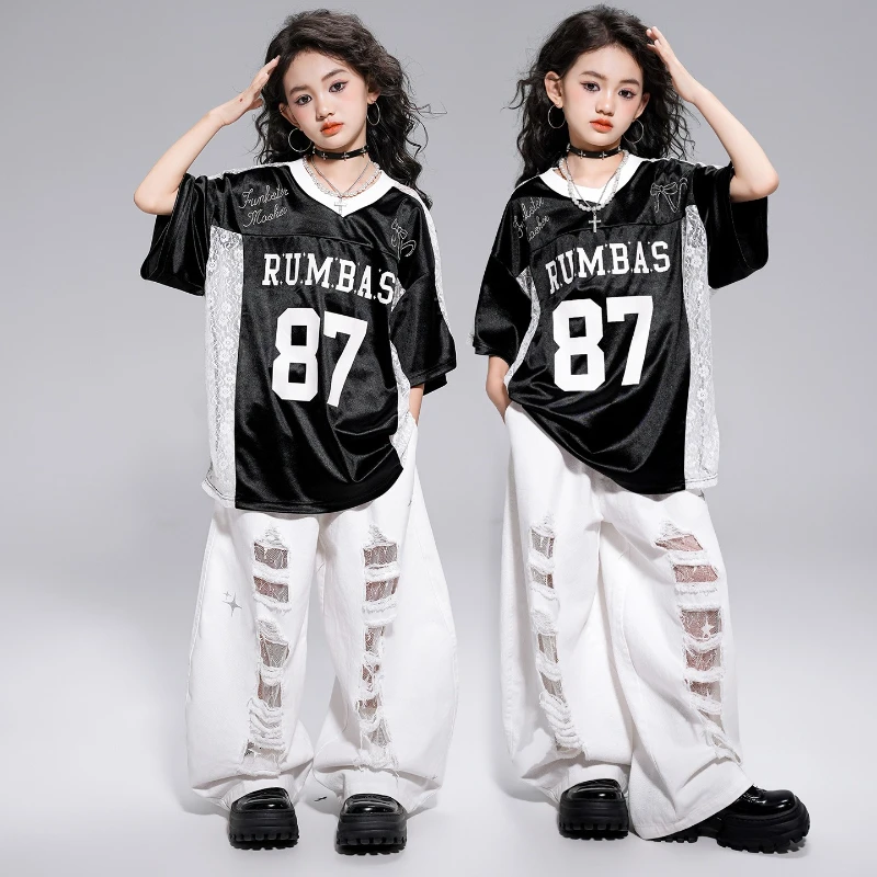 Girls Hip Hop Street Dance Clothes Black Short Sleeve T Shirt White Ripped Pants Modern Kpop Costume Jazz Performance Stage Wear