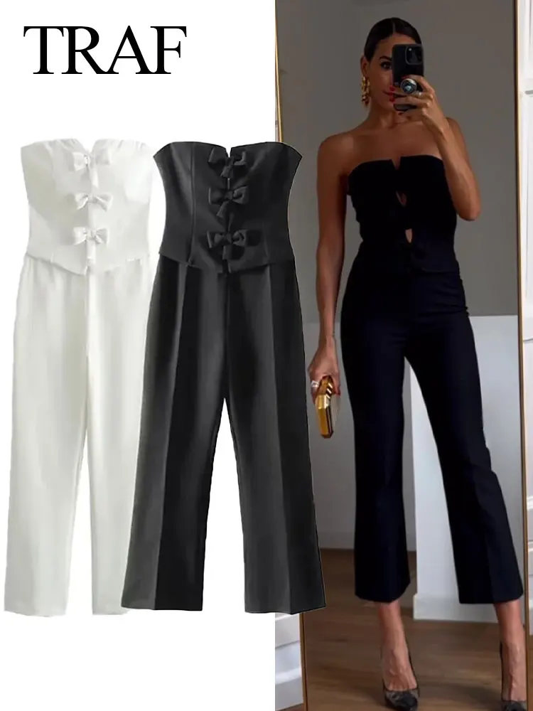 

TRAF 2024 New Woman Jumpsuit Solid Chic Sleeveless Backless Side Zipper Bow Hollow Sexy Slim Female Wide Leg Playsuit Streetwear