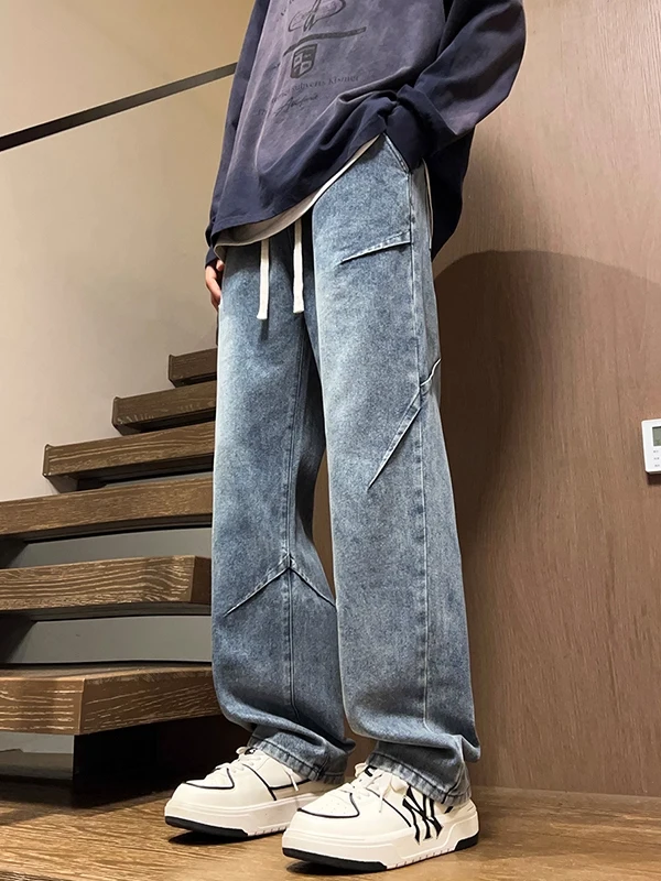 

Мужские джинсы больших размеров в американском ретро-стиле, свободные, прямые, с эффектом потертости, осенние, в пол, широкие штанины, повседневная молодежная одежда