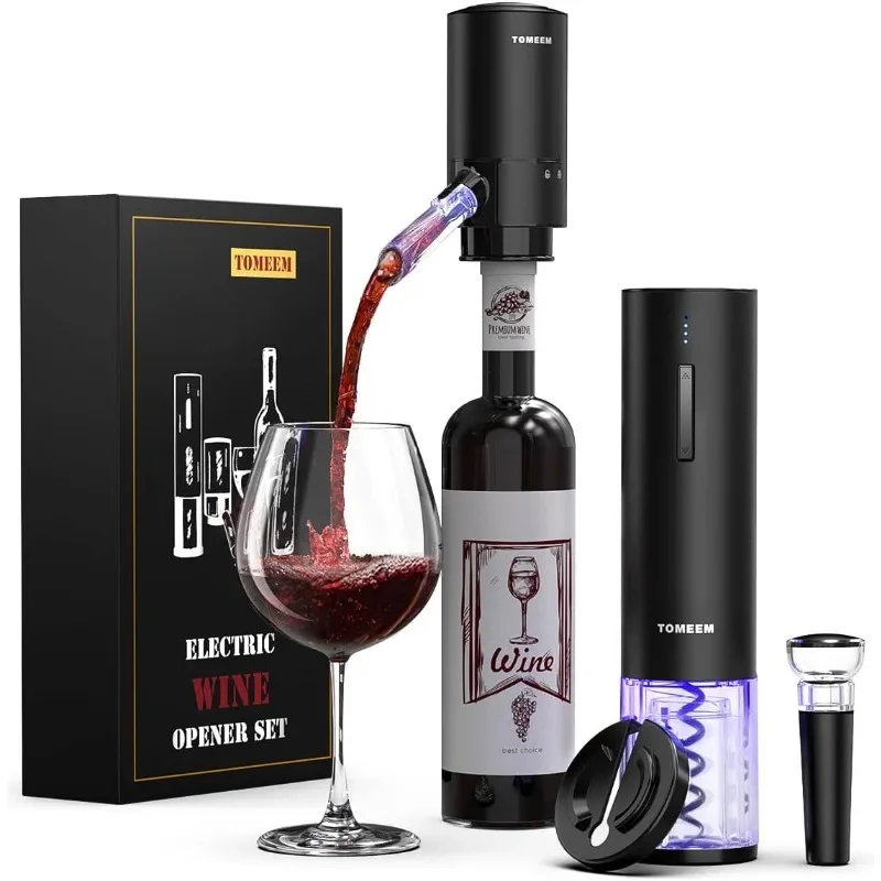 TOMEEM Rechargeable Electric Wine Gift Set - Aerator, Vacuum Stoppers, Foil Cutter and Bottle Opener for Home Bar