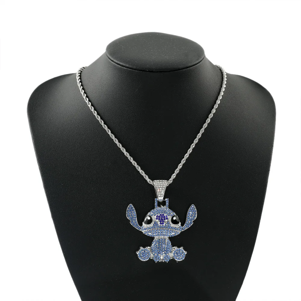 Disney Kawaii Stitch Dots Diamond Necklace Personality Men Women Tide Alloy Anime Accessories Couple Cuban Pendant Jewelry Gifts