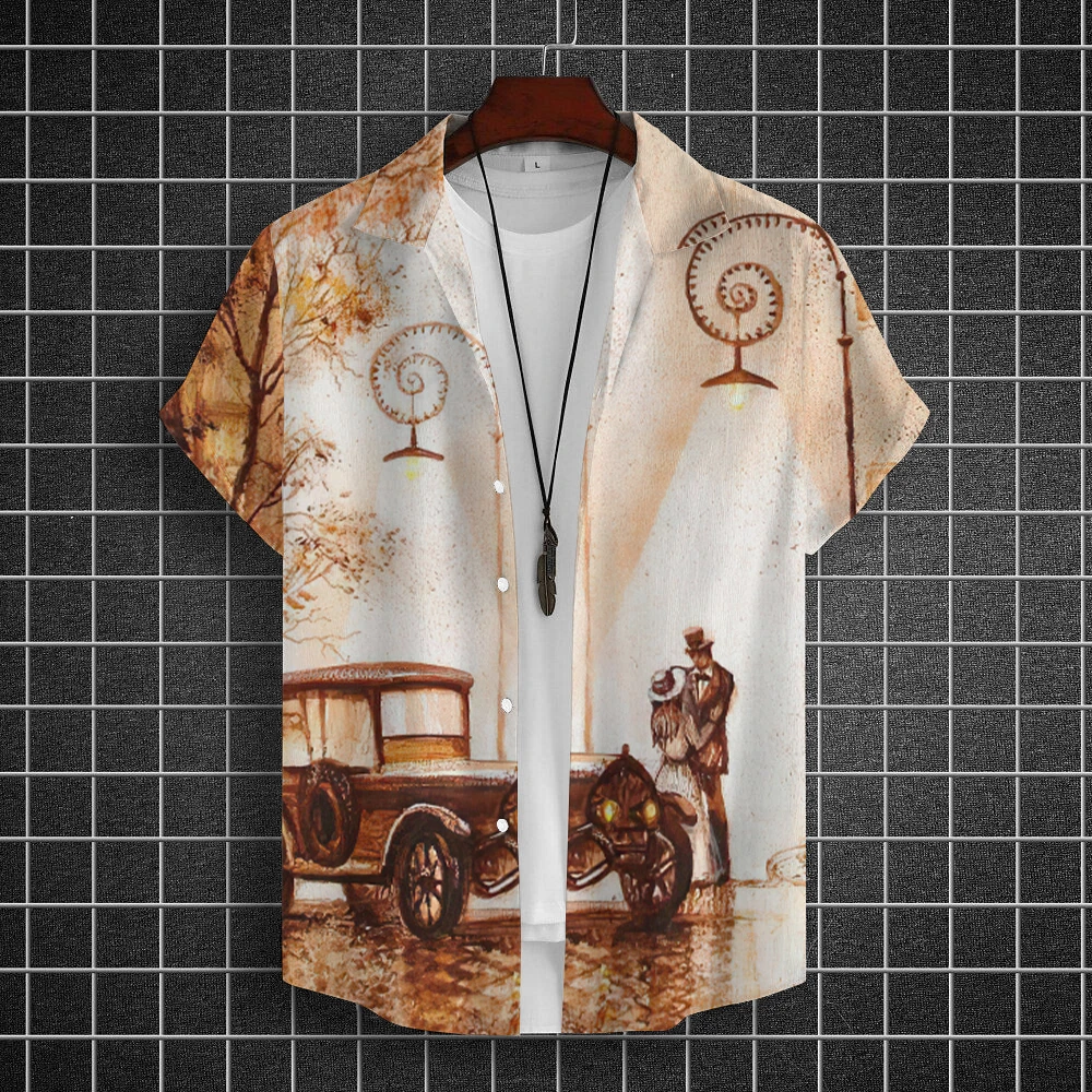 Vintage Men\'s Shirts Motorcycle Print Tees Car Print Short Sleeve Top Summer Men\'s Clothing Classical Car Shirt Oversized Blouse