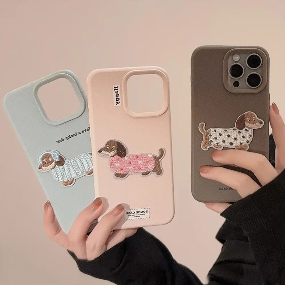 Ins cute embroidery sweater puppy shell for iphone 14 15 16 15promax 14pro 13 16pro 12 pro max plus 3d silicone soft phone case