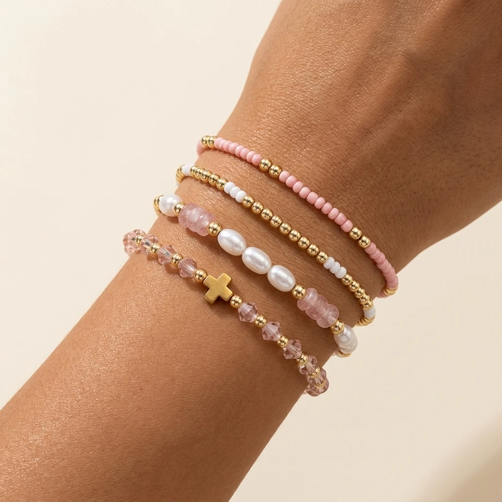 

4pcs Copper Beaded Cross Bracelet Set Gold Tone Stretch Layered Bracelets For Women Daily Wear