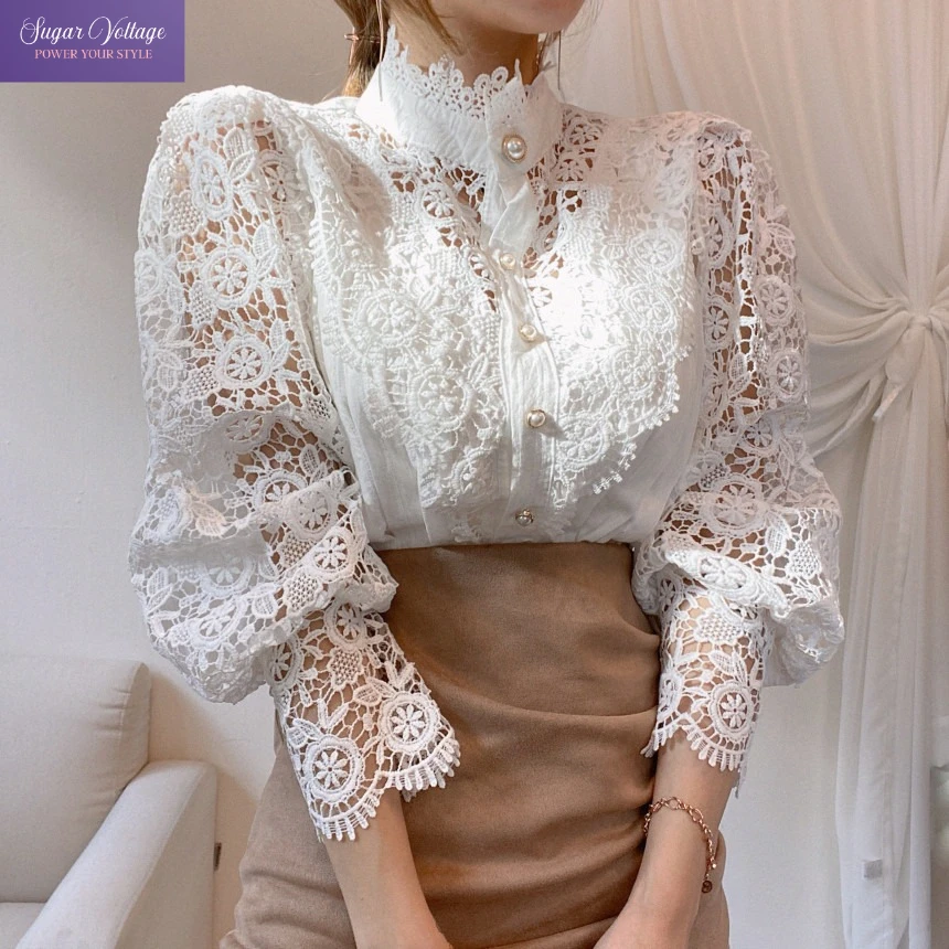 

Spring Autumn French Loose Lace Blouse Women Elegant Pearl Button Hollow Floral Long Sleeve High Neck Luxury Tops Female Shirt