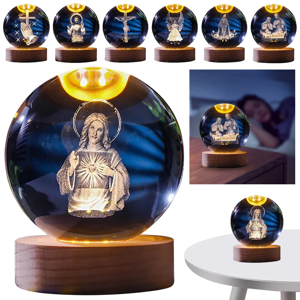 3D Creative Engrave Crystal ball with Wooden Base USB Charging LED Crystal Ball Night Light Lighted Crystal Ball Art Decoration