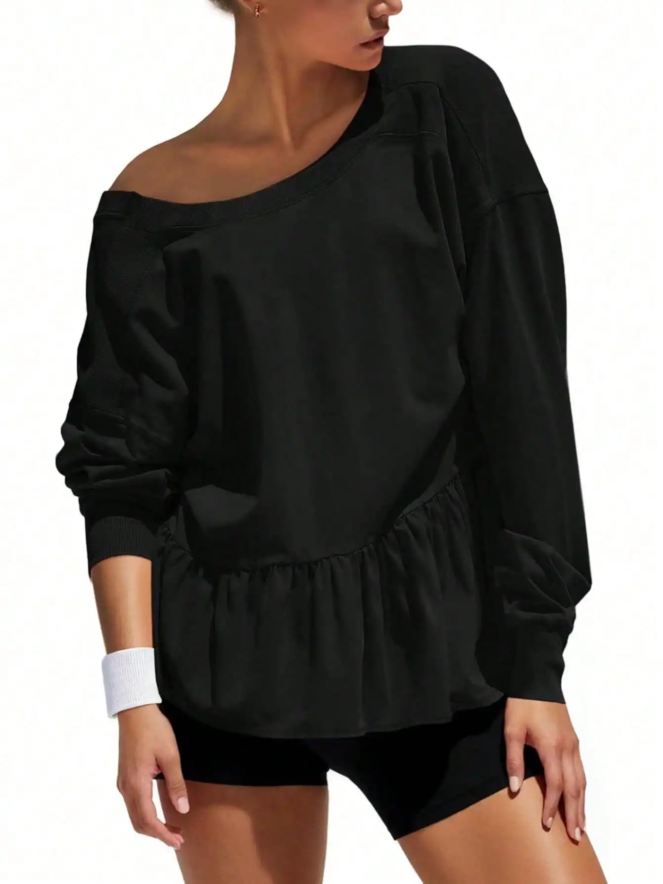 Fisoew peplum المحاصيل الأعلى المرأة طويلة الأكمام |   طاقم الرقبة قطع البلوز الخلفي |   تي شيرت كاجوال فضفاض مناسب لملابس الشارع