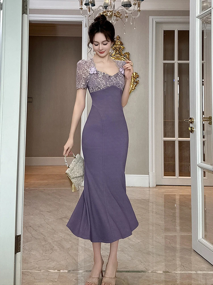 Women Clothes Sweet Lace Sheer Sexy Square Neck Slim Fishtail Dress Elegant Party Birthday Vestidos Long Robe Casual Summer New