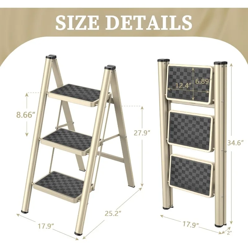 Folding 3 Step Ladder, 330 Lbs Capacity Step Stool for Adults, with Anti-Slip Wide Pedals Household Office, Gold