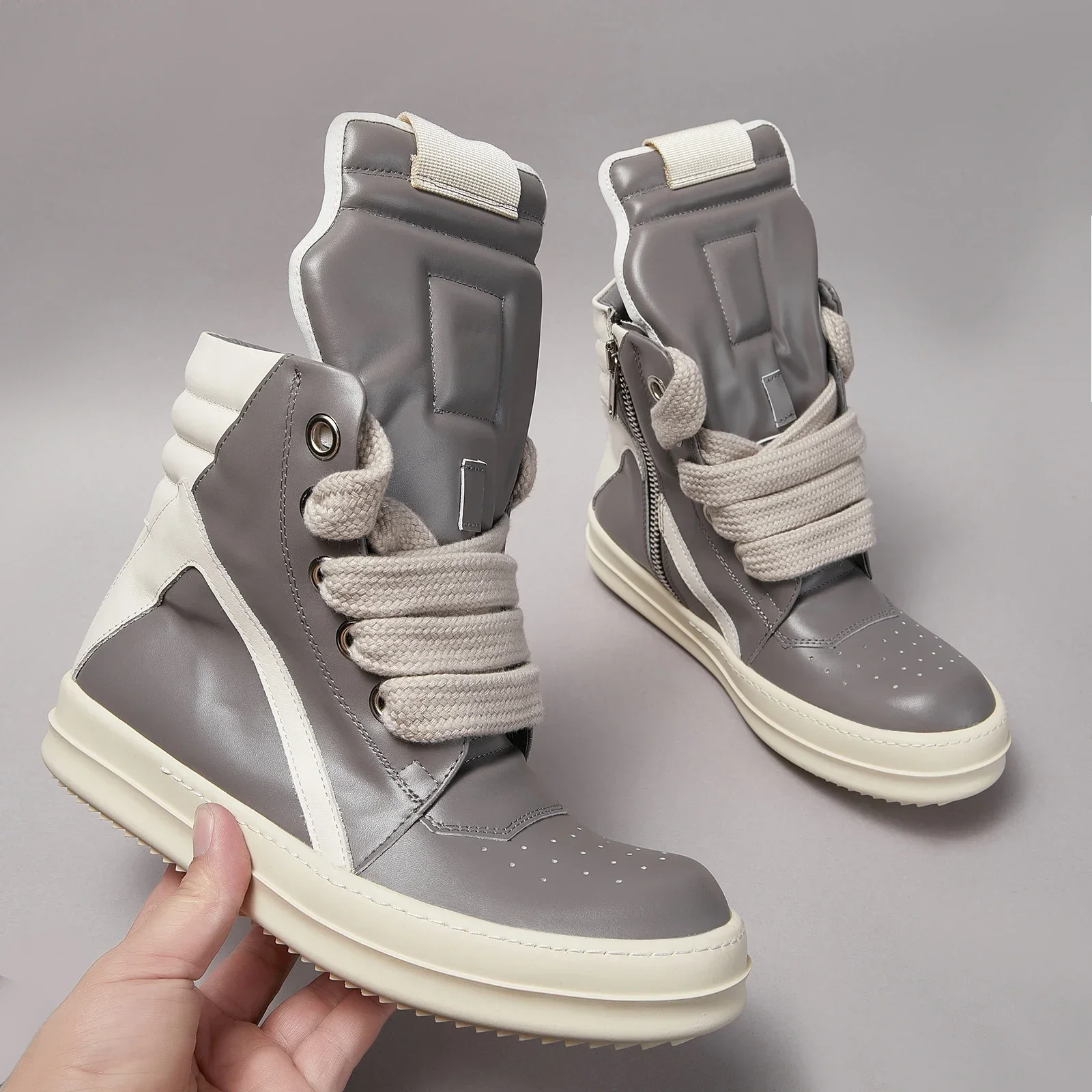 Brand Men Shoe Casual High Top Women Sneaker Jumbo Lace Up Ankle Boot Geobasket Leather Ricks Zip Flat Grey Owens Luxury Shoe