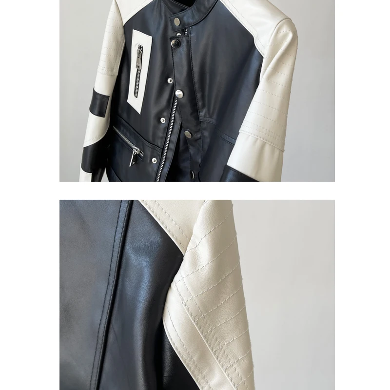 Damen-Jacken aus echtem Schaffell, Herbstmode, Stehkragen, Farbblockierung, einreihig, erste Schicht, Leder, Reißverschluss, Mäntel