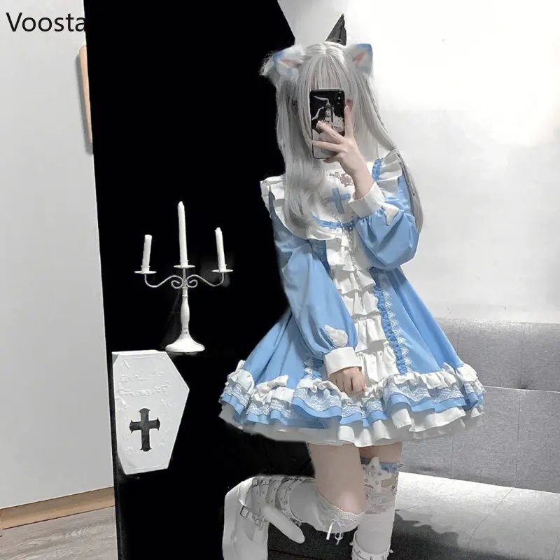 Robe victorienne gothique Lolita OP pour femmes, broderie croisée douce, nœud à volants, robes de princesse pour filles japonaises, robe de soirée Harajuku