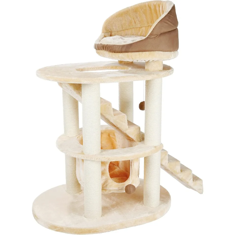 

Senior Cat Tower with Scratching Posts, Hammock, Stairs, Top Platform Bed, Dangling Pom-Pom Beige