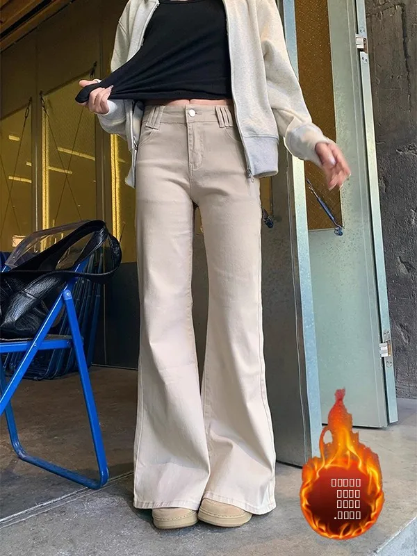 

Ретро-джинсы женские зимние, цвет хаки, расклешенные, на флисовой подкладке, теплые, облегающие, свободные, широкие штанины, фасон «колокол»