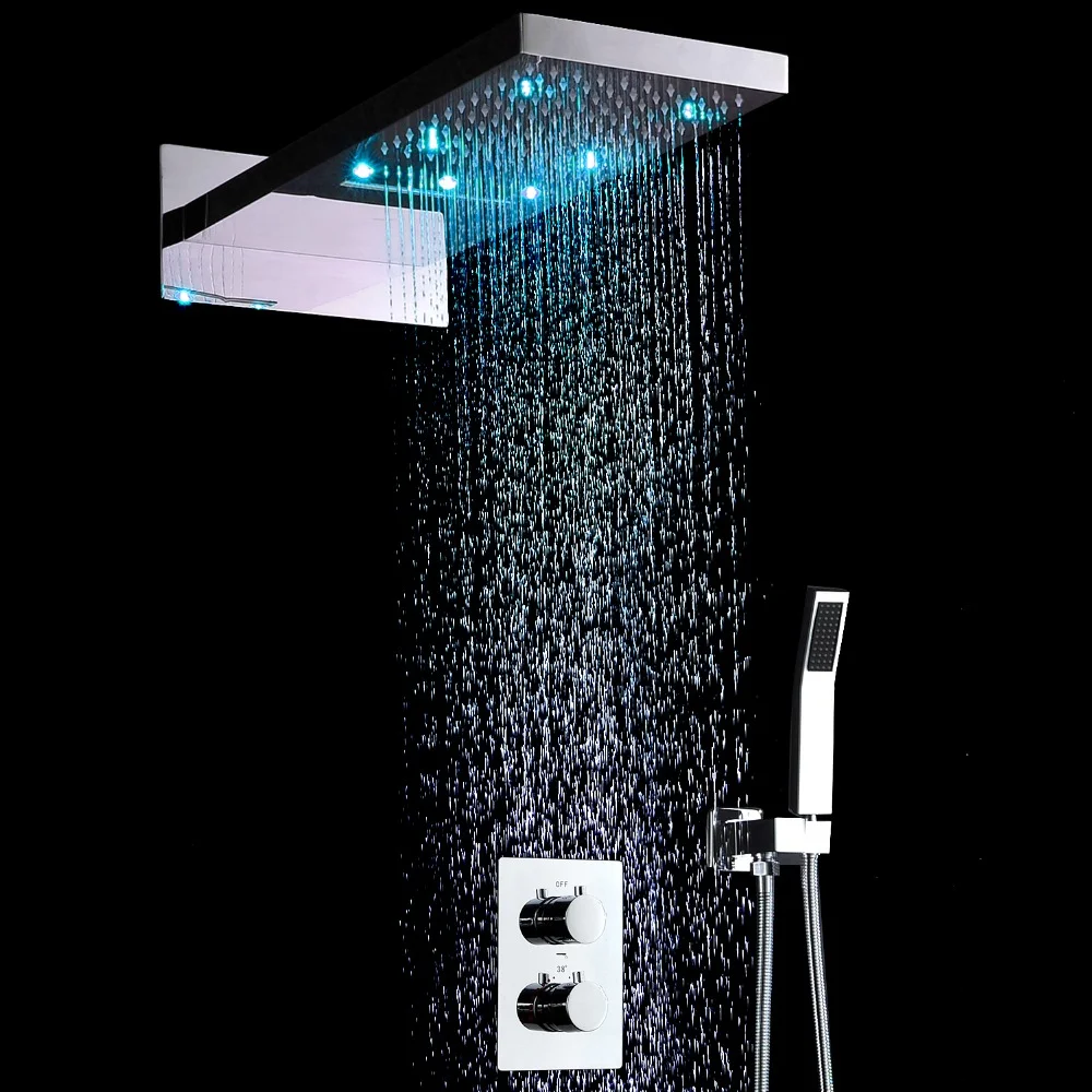 

RGB Color LED Shower Head Faucet Set Wall Mounted Rainfall Waterfall Shower System With Thermostatic Valve Mixer