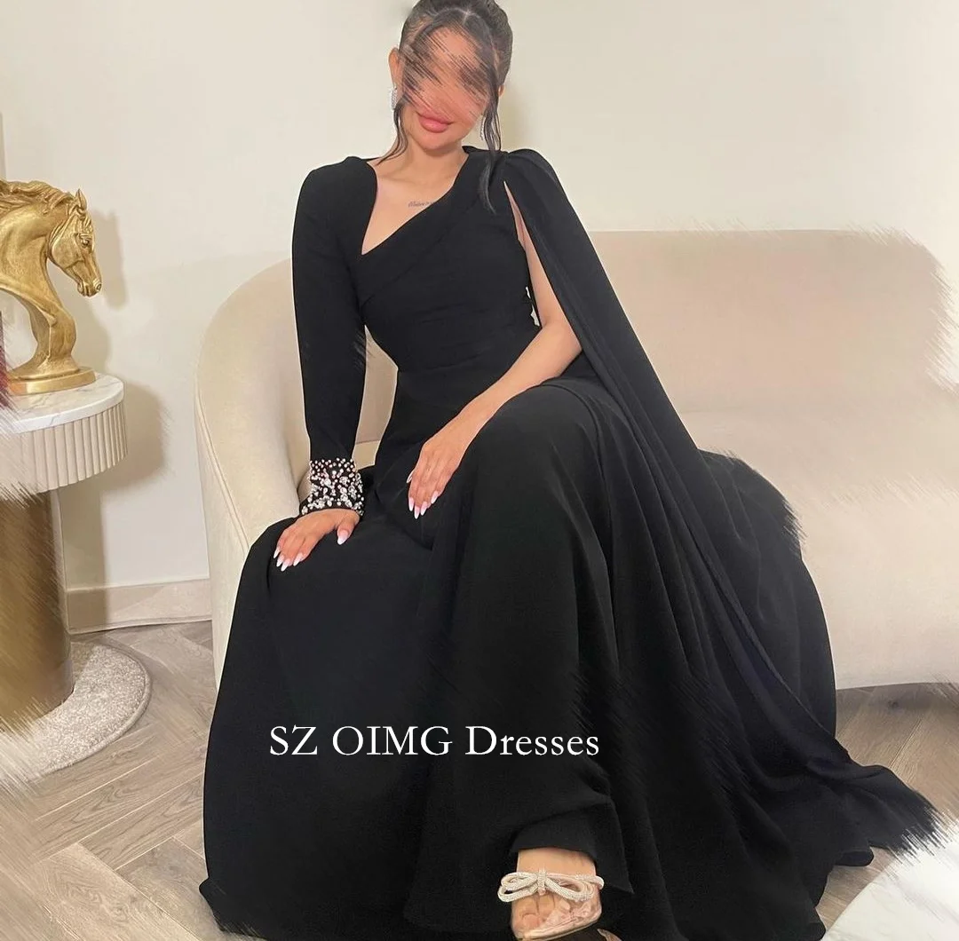 OIMG Irregular Neck Women Ruched Crystals Prom Dresses Black Customized with Cape Sleeves Evening Gowns 2023 Formal Party Dress