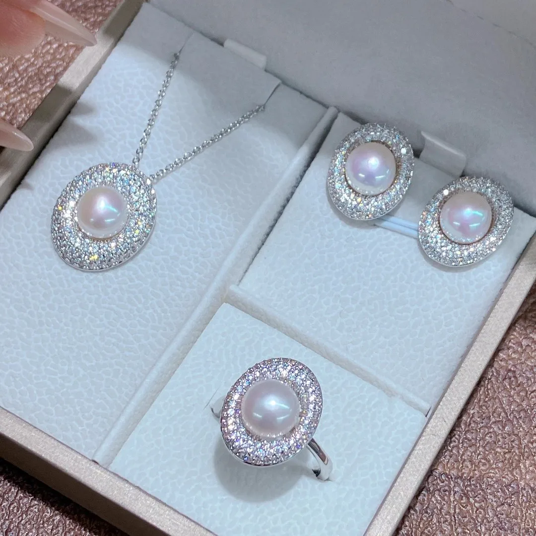 

Натуральный жемчуг AAAA10-11 мм, сверкающее жемчужное ожерелье с планетой, 18 дюймов + серьги, комплект открытых колец 925 s