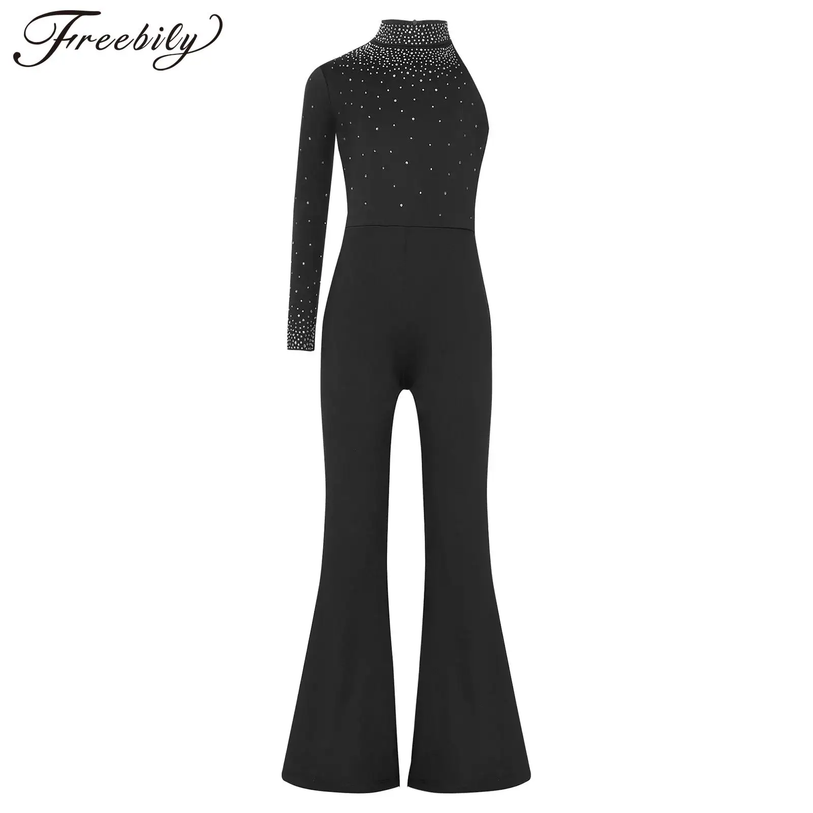 Kids Girls One Piece Rompers Mock Neck Single Long Sleeve Bell Bottom Shiny Rhinestones Pants for Lyrical Modern Dance Jumpsuit