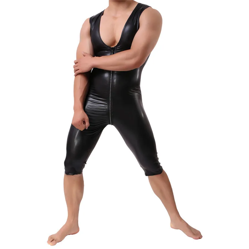 Mens PU Leather Bodysuits Stage Bodycon Catsuit Zipper Open Crotch Jumpsuits Wrestling Singlet One-piece Leotard Dance Clubwear