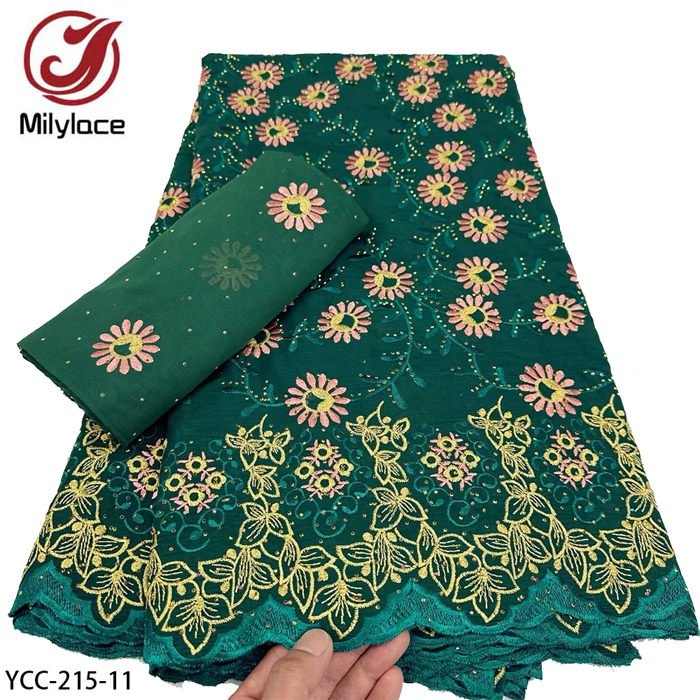 Comfortable cotton African Rhinestone lace fabric 5 yards +2 yards soft voile scarf for 1 set YCC-215-130