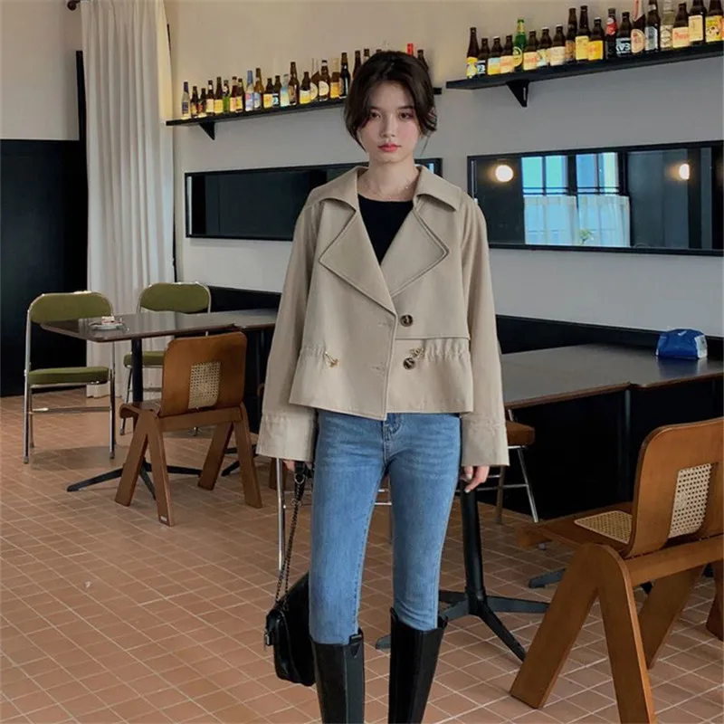 2023 primavera outono novo contraste cor curto estilo trench coat casual simples tudo combinar curto casaco feminino HH-124