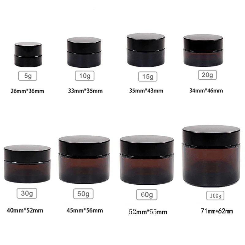 10Pcs 5-100g Clear/Amber/Frosted Round Glass Jars Silver Black Gold Lids With Inner Liners For Lip Balm Lotion Creams Eye shadow