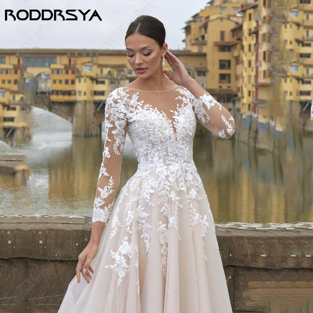 RODDRSYA O-hals Lange mouwen Bruidsjurk A-Lijn Tule Illusie Terug Bruidsjurken Applique RODDRSYA O-hals lange mouwen trouwjurk A-lijn Tulle Illusion Back Bride Gowns Applique op maat gemaakte elegante feestjes De Novia