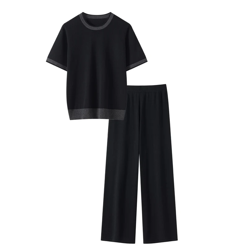 Spring/Summer Women's Set 100% Cotton Knitted Color Blocked Round Neck T-shirt Straight Tube Elastic Waist Pants 2-piece Set
