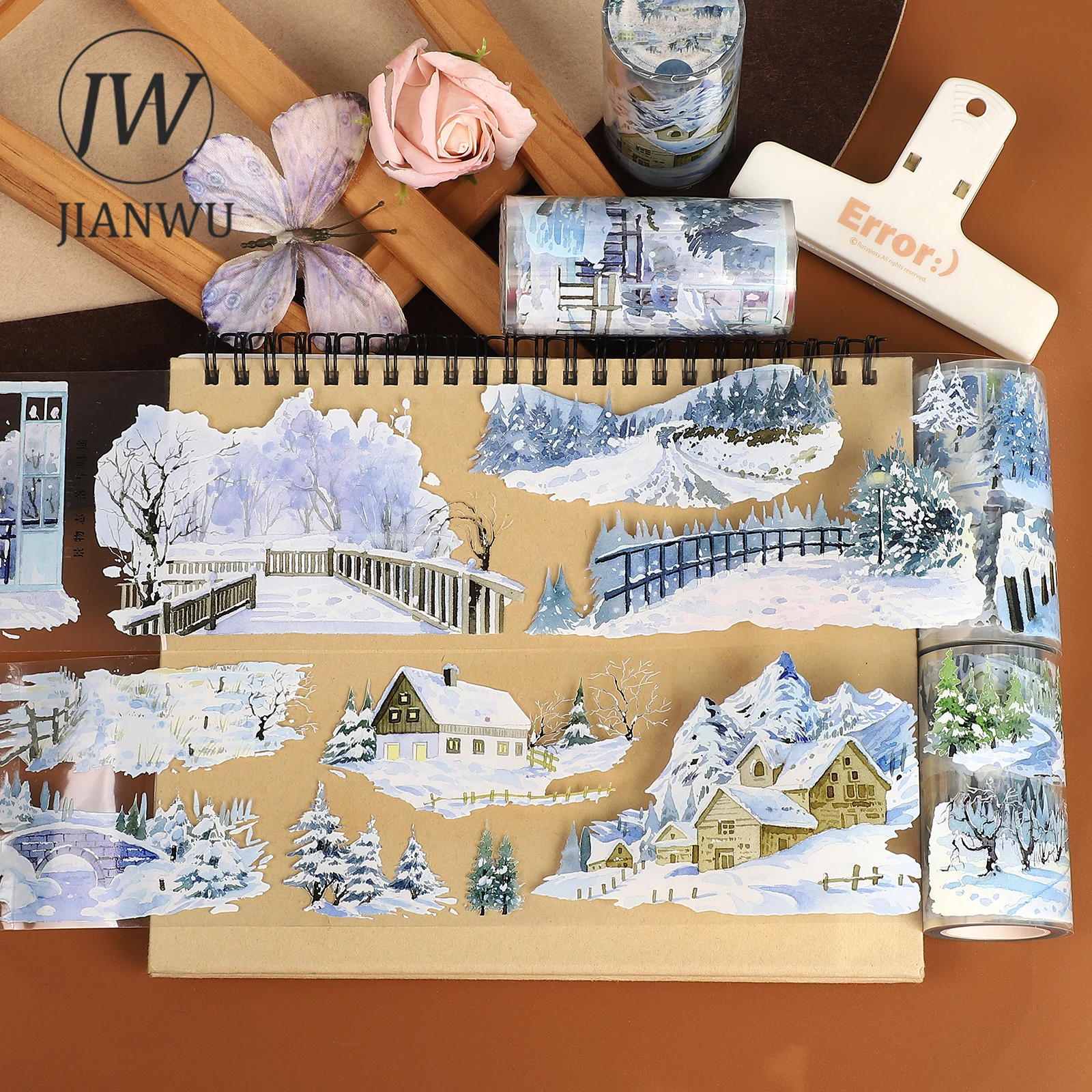JIANWU 500cm Vintage Snow Road Tree House Landscape Material Collage Scrapbook PET Tape Creative DIY Journal Stationery