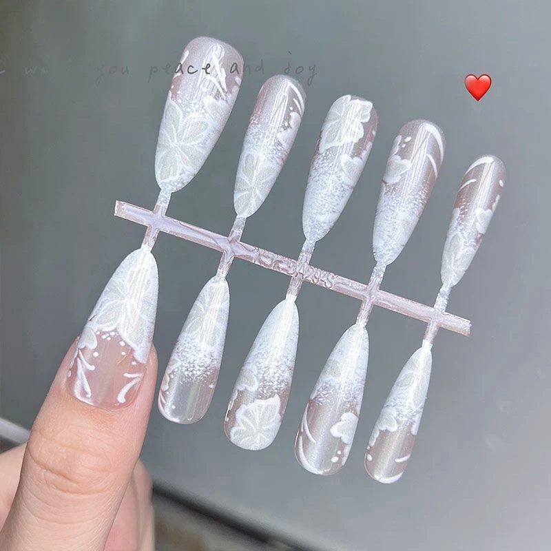 

10pcs White Snowflake Winter French Romantic Fake Nails Long Oval Woman Press On Reusable False Nails Tip Supplies