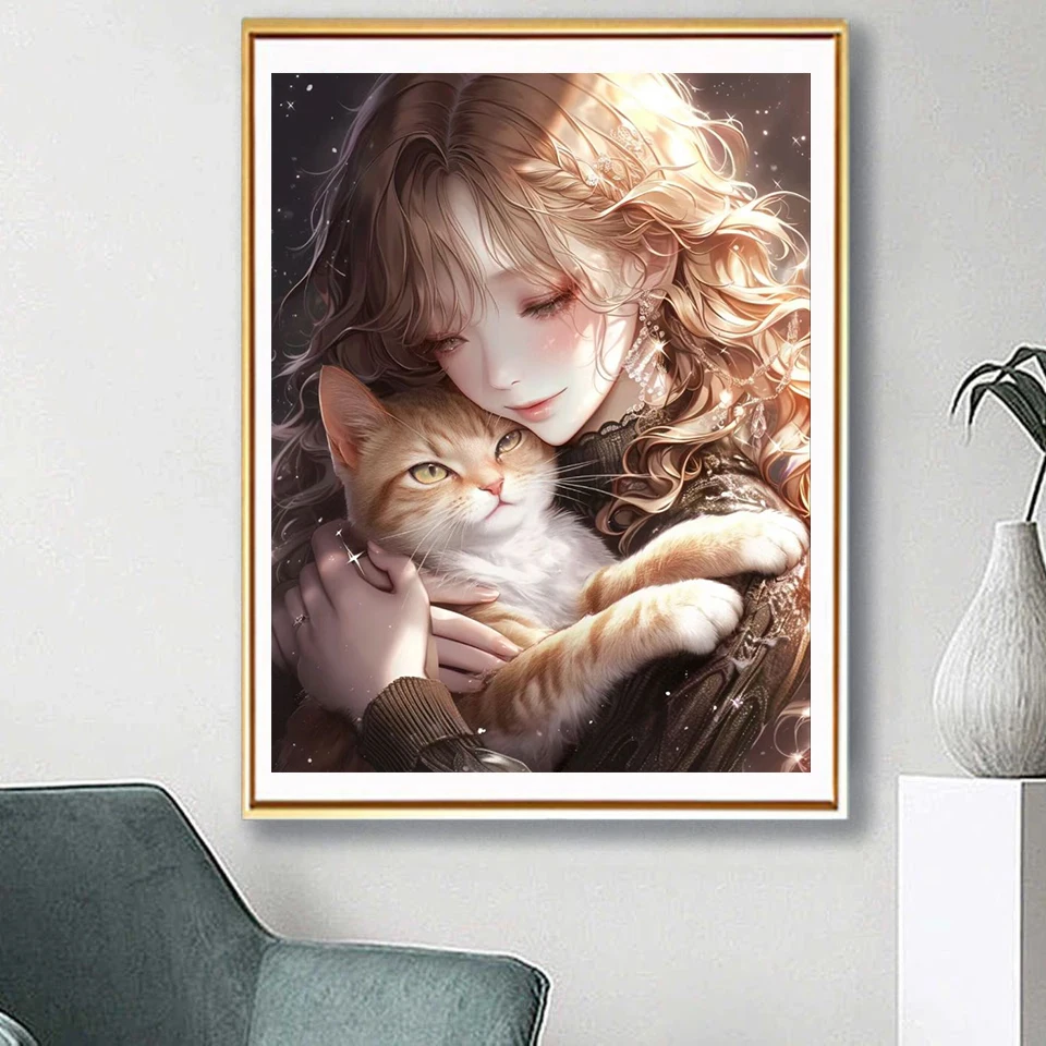 5D DIY Diamond Painting Girl and Cat Diamond Mosaic Diamond Painting Cat Decoration Painting New Product Launched