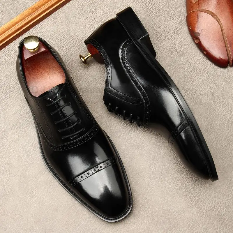 HKDQ Luxury Men Oxford Shoes High Quality Classic Style Dress Leather Shoes Coffee Black Lace Up Pointed Toe Formal Shoes Men