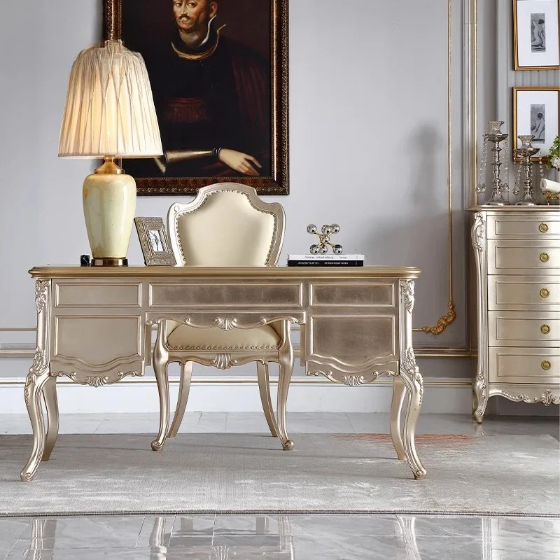 

French light luxury solid wood desk and chair leather book chair European retro palace office bookcase combination